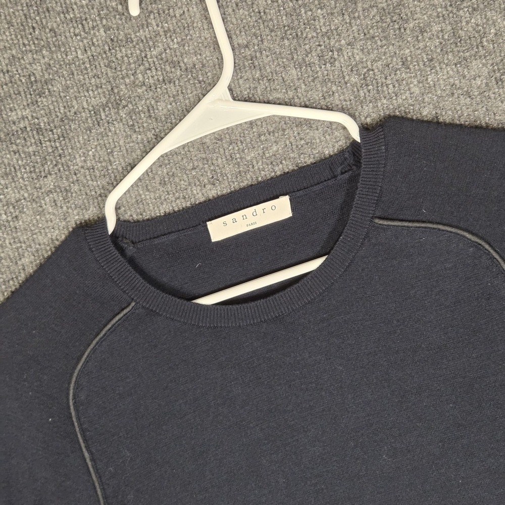 Sandro Paris Mens XL Navy Blue Wool Crewneck Knit Sweater Raglan Sleeve Pullover